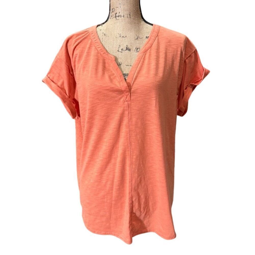 L.L.Bean Women's Plus 1X Orange V-Neck Short Sleeve Blouse Casual